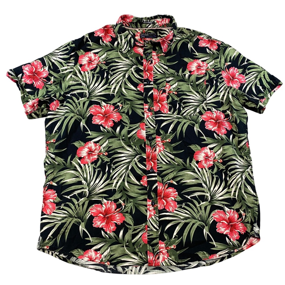 Denim & Flower Mens XL Tropical Hawaiian Floral‎ Palm Print Button Up Shirt